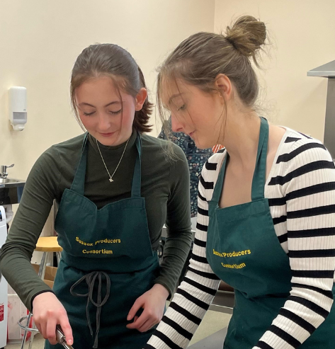A photo of two RABI volunteers wearing green aprons serving food onto plates at an indoor event