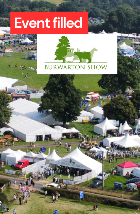 Burwarton Show 2025 aerial view with white tents and crowds, featuring the Burwarton Show logo and a red 'Event filled' banner