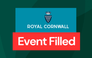 Graphic with Royal Cornwall Show logo on a teal background. Bold red banner across the bottom reads ‘Event Filled’ in white text, indicating volunteer spots are no longer available