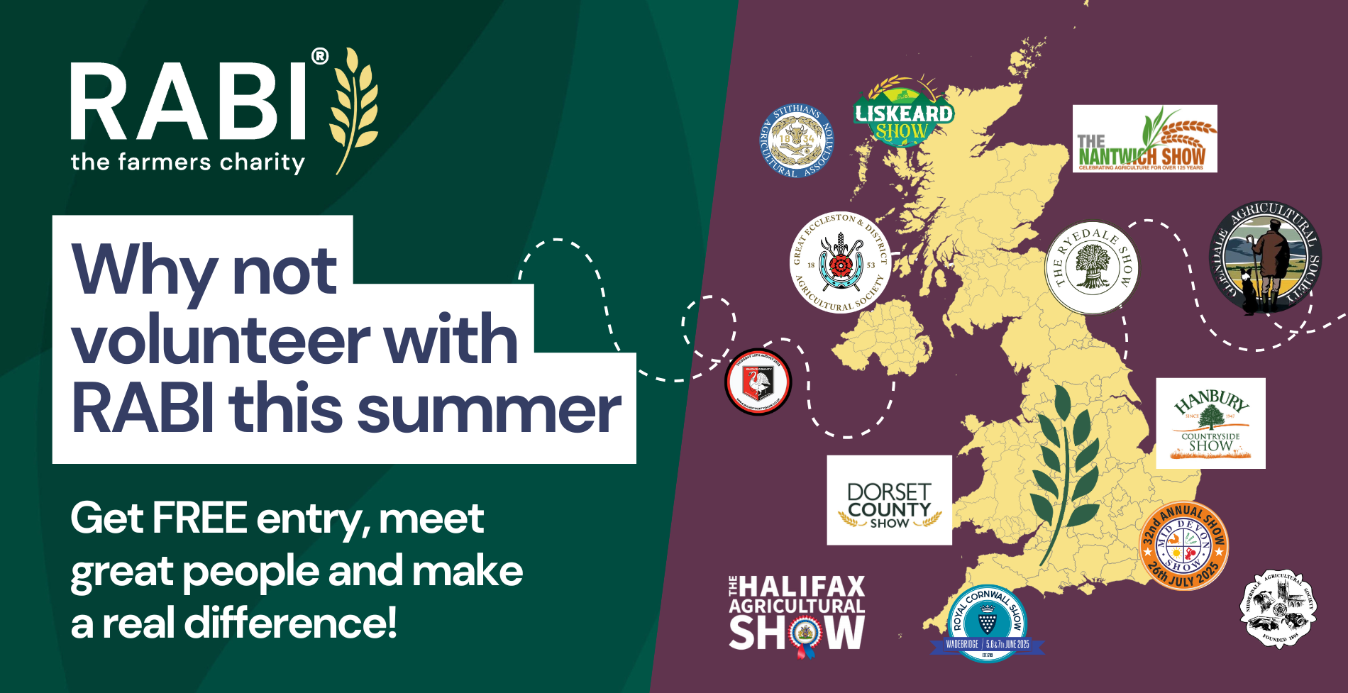 Map of the UK with agricultural show logos and the message ‘Why not volunteer with RABI this summer Get FREE entry, meet great people and make a real difference!