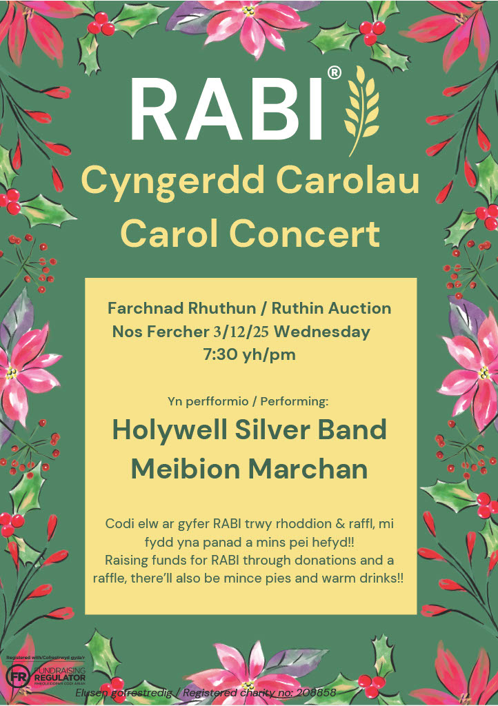 Clwyd RABI Cyngerdd Carolau / Carol Concert Farchnad Rhuthun / Ruthin Auction Nos Fercher 3/12/25 Wednesday 7:30 yh/pm Yn perfformio / performing: Holywell Silver Band / Meibion Marchan Codi elw ar gyfer RABI trwy rhoddion & raffl, mi fydd yna panad a mins pei hefyd! Raising funds for RABI through donations and a raffle. There will also be mince pies and warm drinks!