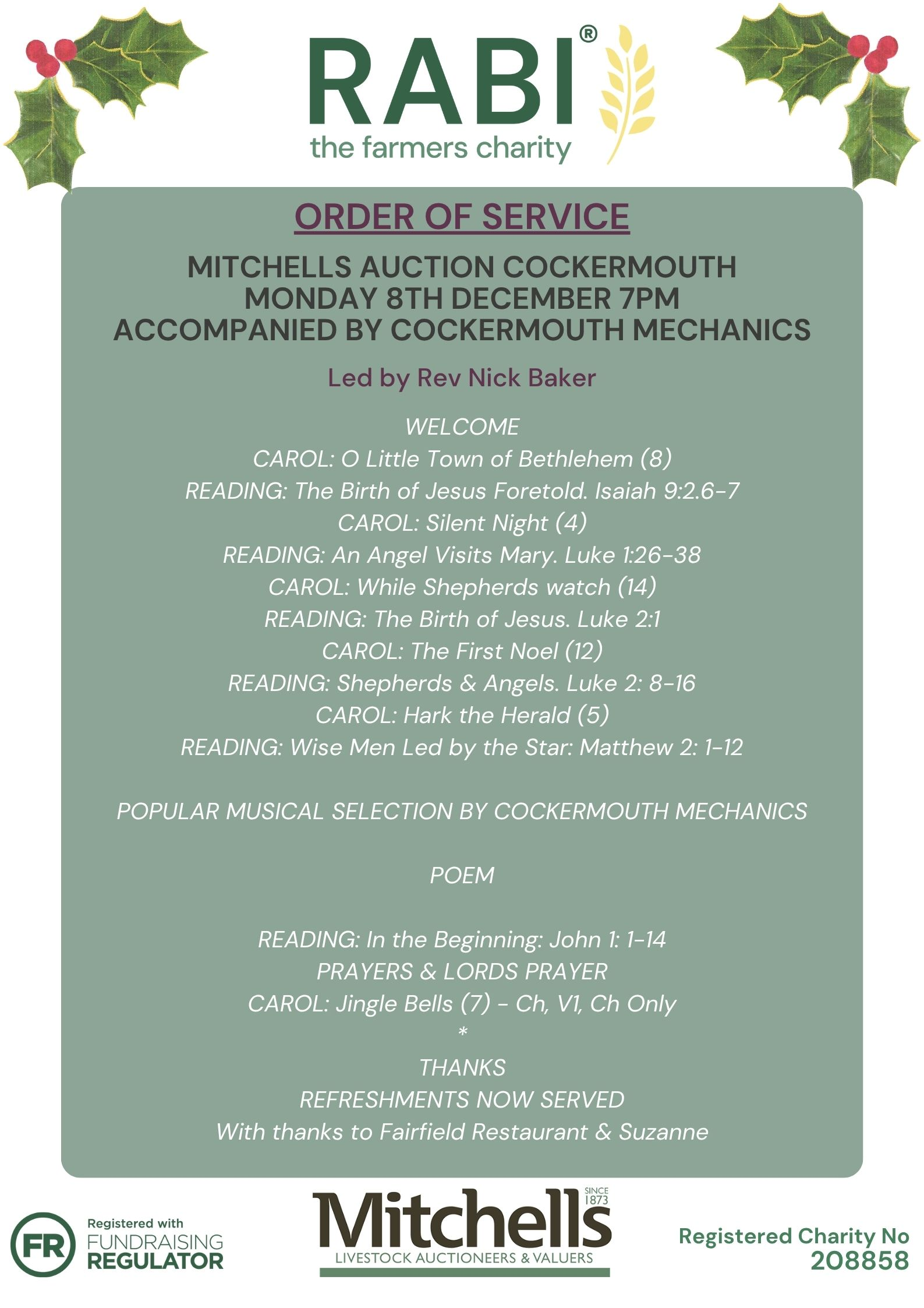 Cumbria RABI Cockermouth Carols Order of Service