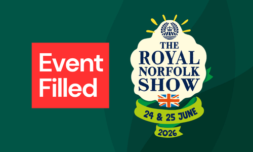 Graphic with a green background announcing “Event Filled” in bold white text inside a red box. Alongside is The Royal Norfolk Show logo