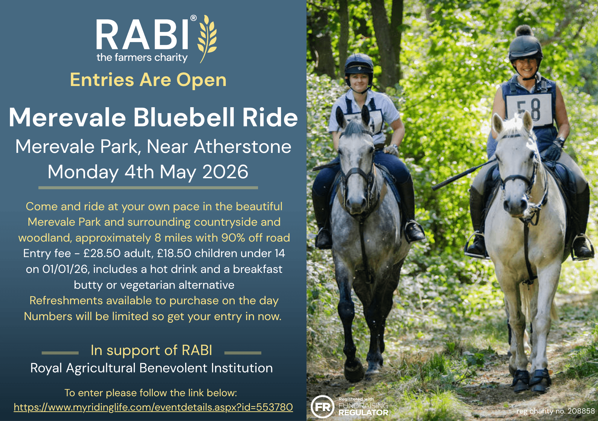 Promotional graphic for the Merevale Bluebell Ride at Merevale Park near Atherstone on Monday 4 May 2026, with entries now open. Includes event details, pricing and booking information, noting the ride covers approximately 8 miles through countryside and woodland. On the right, two riders wearing helmets and numbered bibs ride horses along a woodland path.
