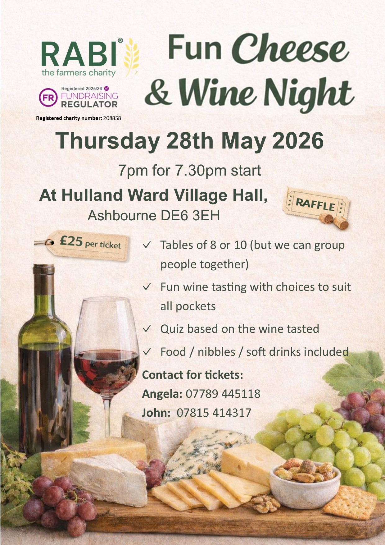 Poster promoting a RABI fundraising “Fun Cheese & Wine Night” on Thursday 28 May 2026 at Hulland Ward Village Hall, with ticket details, contact numbers, and images of wine, cheese and grapes.