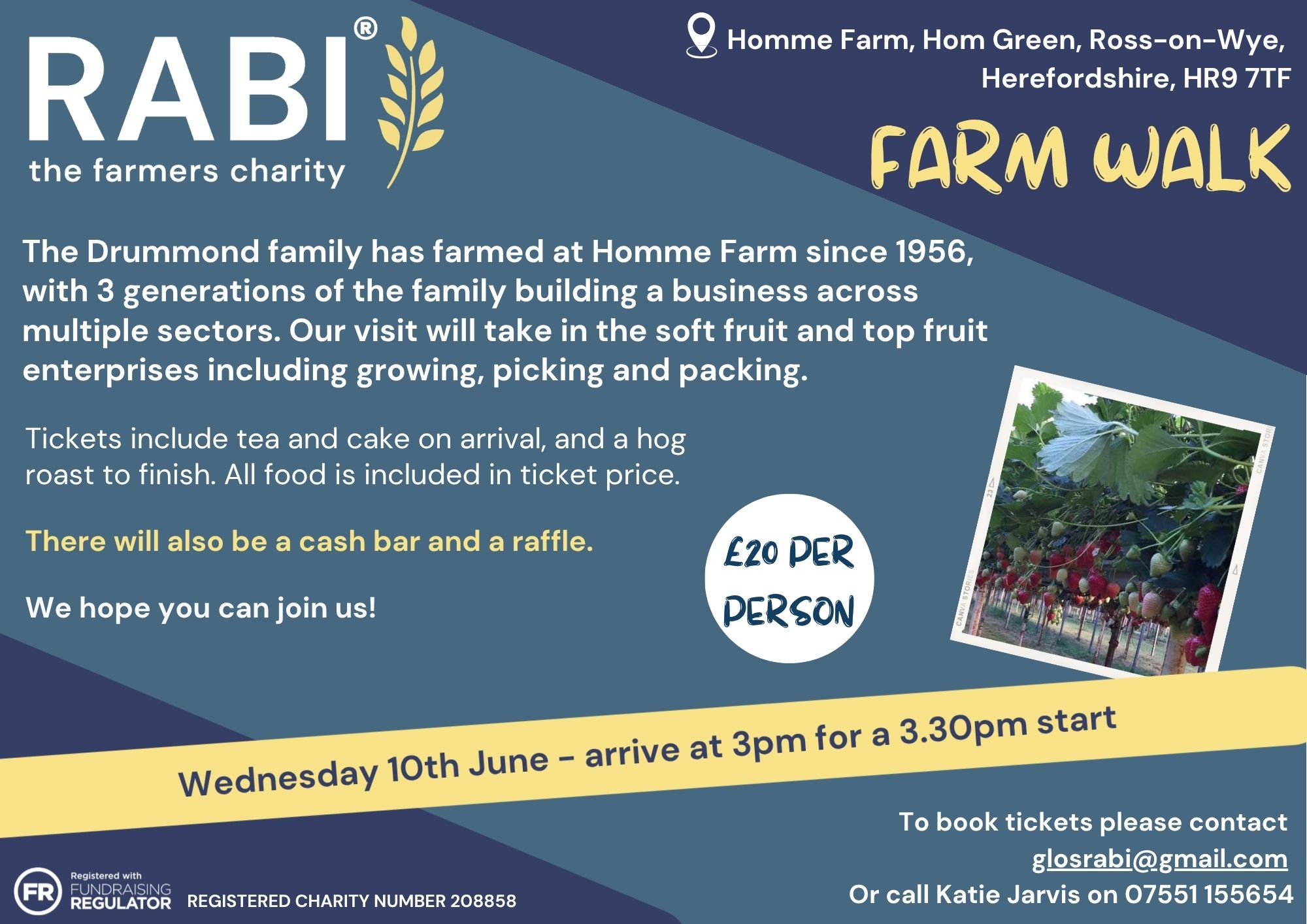 Poster promoting a RABI farm walk at Homme Farm in Herefordshire on Wednesday 10 June, featuring details about the Drummond family farm, activities including fruit enterprises, and ticket information priced at £20 per person.