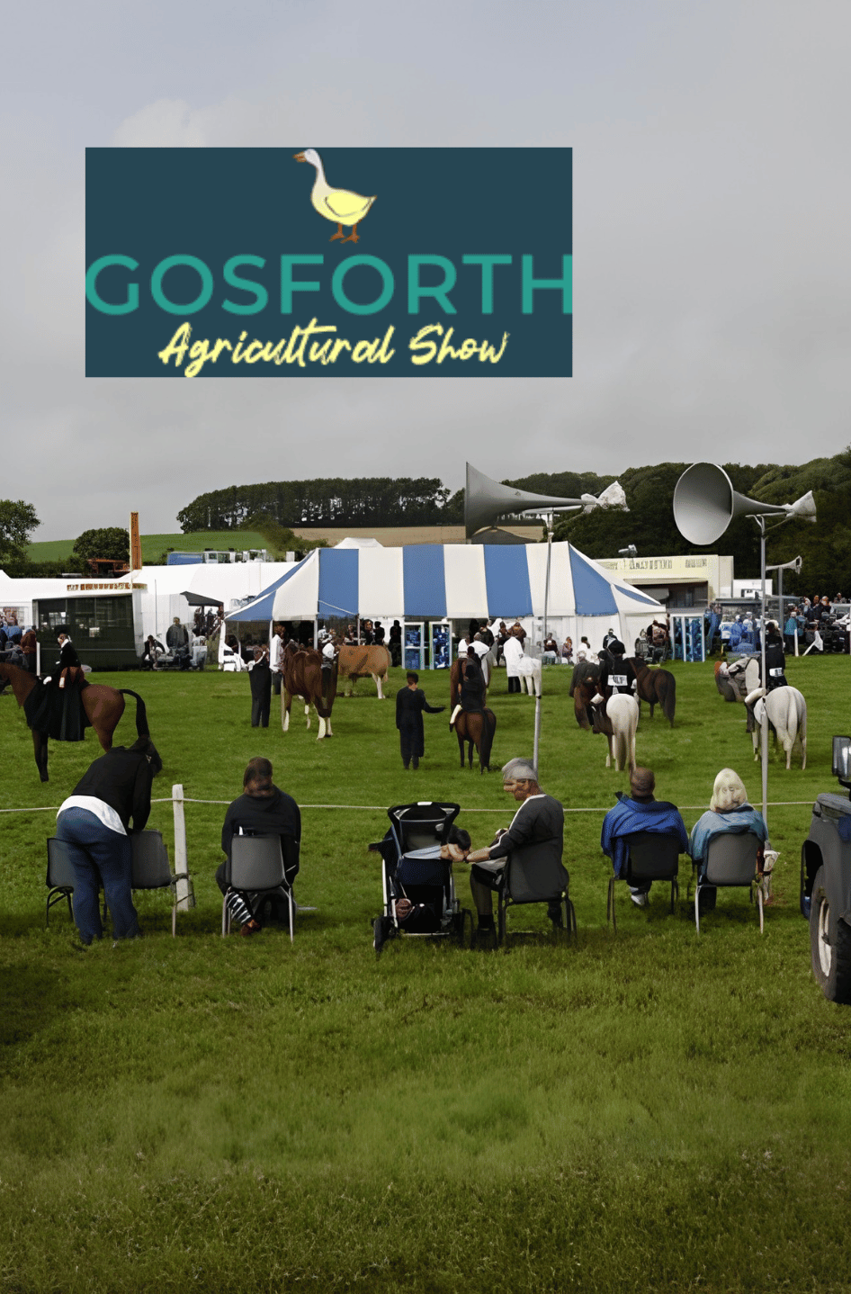 RABI-Gosforth-Show-2026-event-volunteer People seated and standing around a show ring at an outdoor agricultural event, watching horses being presented. An overlaid logo reads “Gosforth Agricultural Show.”