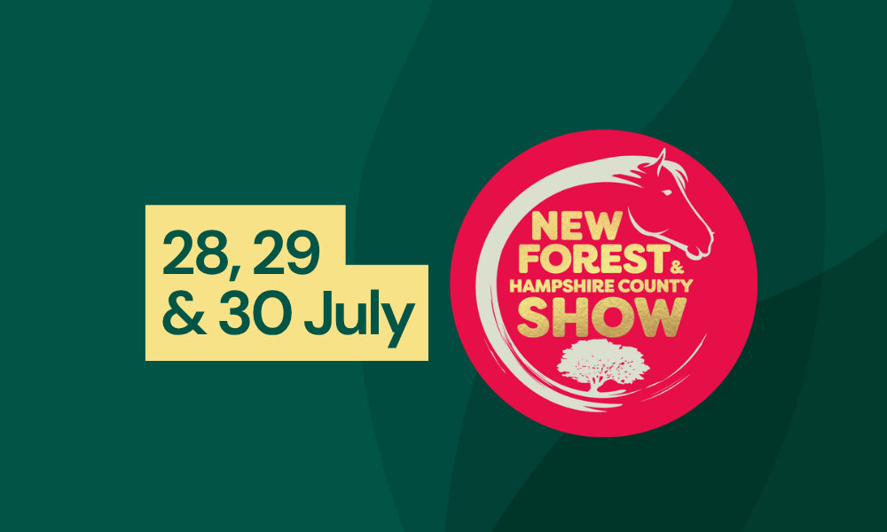 Graphic highlighting the New Forest & Hampshire County Show with the dates “28, 29 & 30 July” alongside the event logo, set on a green background.