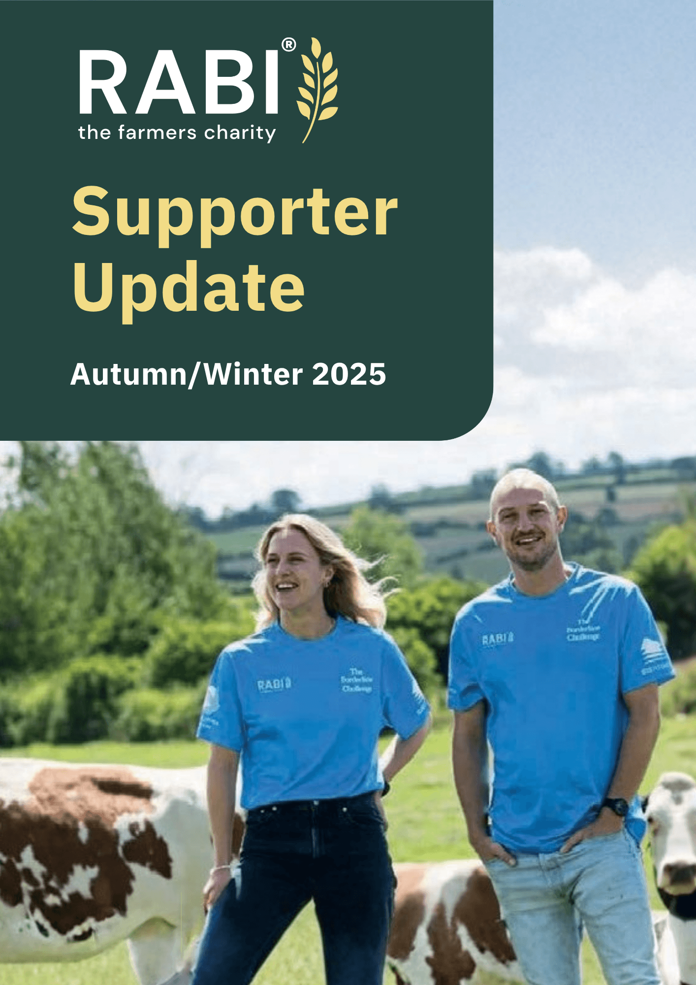 RABI Supporter Update (Autumn/Winter 2025) cover featuring two supporters in blue RABI t-shirts standing in a field with cattle.