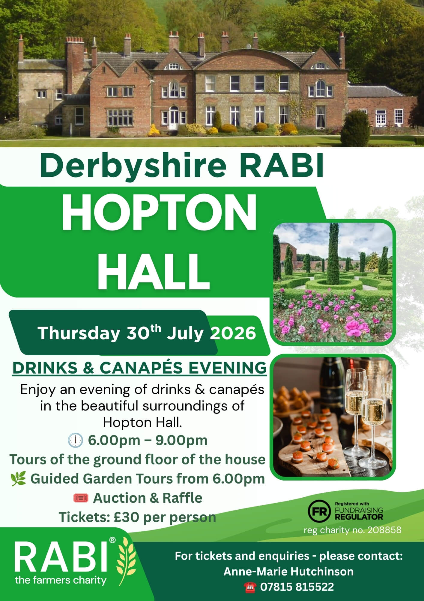 A promotional poster for a RABI fundraising evening at Hopton Hall in Derbyshire. The poster features a photograph of Hopton Hall, alongside smaller images of the formal gardens and drinks with canapés. It advertises a Drinks & Canapés Evening on Thursday 30 July 2026, from 6.00pm to 9.00pm, with tours of the ground floor of the house, guided garden tours, an auction and raffle. Tickets cost £30 per person, with contact details provided for bookings.