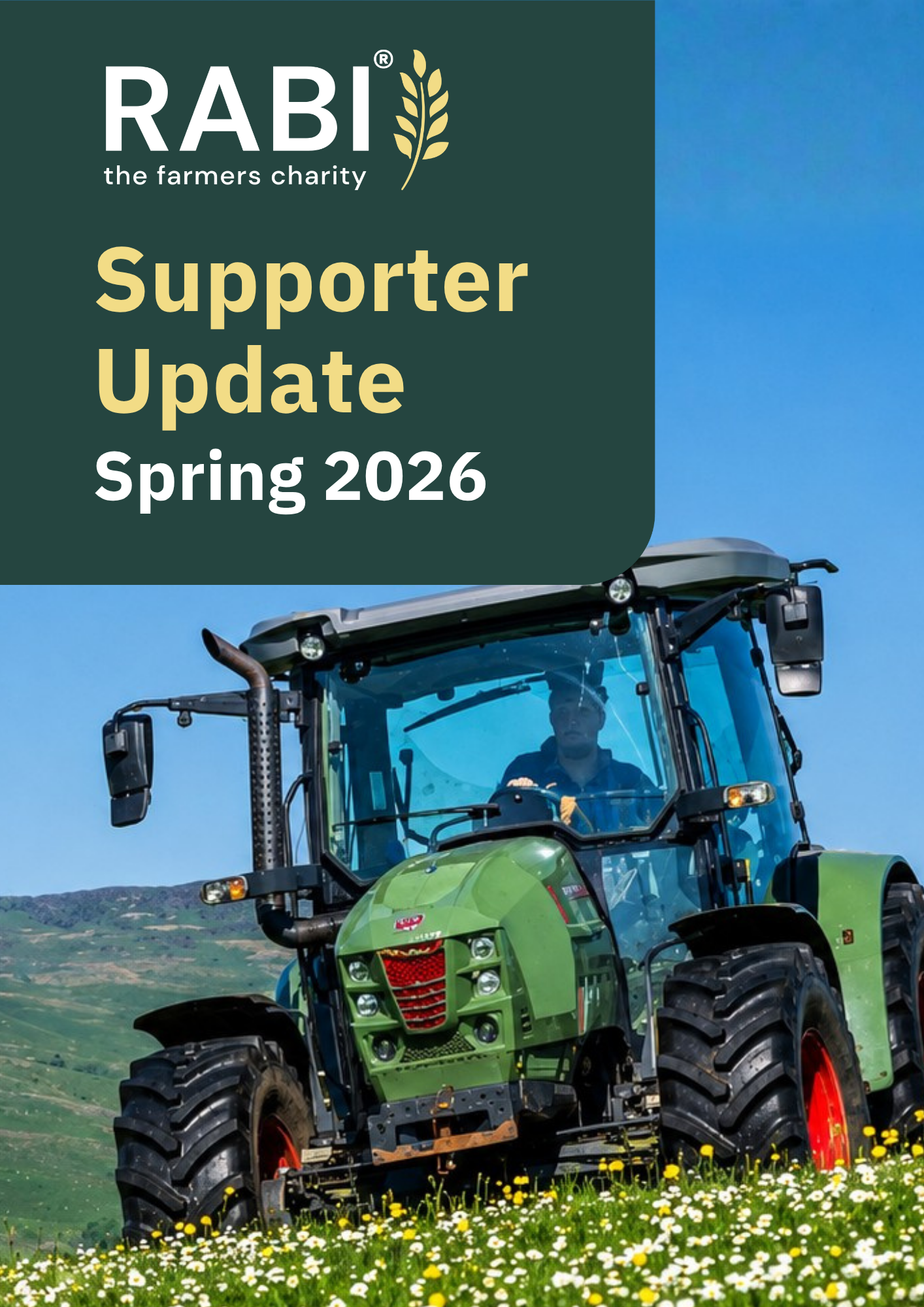 Cover image for RABI’s Spring 2026 “Supporter Update”. The design features the RABI logo and title text in white and gold on a dark green panel, overlaid on a countryside scene with a green tractor