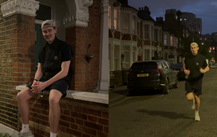 Split image of a young man at night during a run fundraiser, sitting outside a house on the left and running down a residential street on the right.