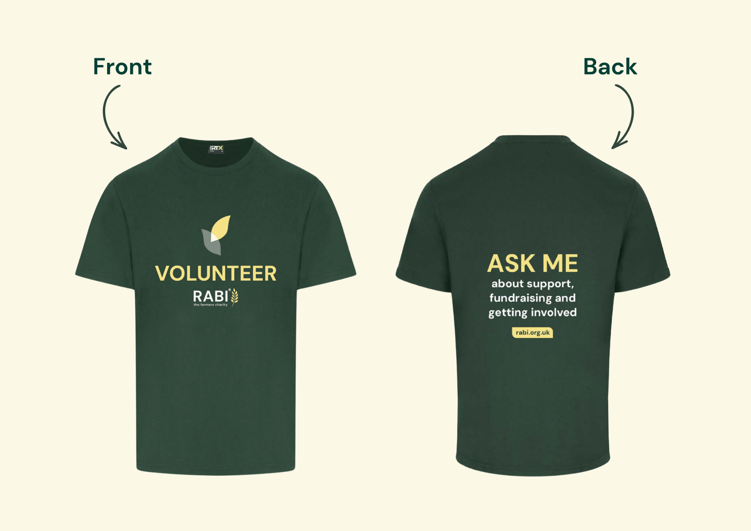 RABI-volunteer-tshirts Mock-up showing the front and back of a dark green RABI volunteer t-shirt. The front features the word “Volunteer” above the RABI logo, while the back reads “Ask me about support, fundraising and getting involved” with the RABI website underneath.