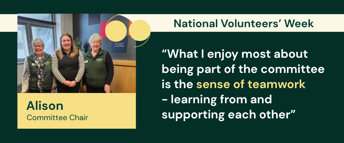 Volunteer-committees-newsletter-banner Graphic for National Volunteers’ Week featuring Alison and two other smiling women standing together at a stand, alongside a quote from Alison, a Committee Chair, about teamwork and supporting one another.