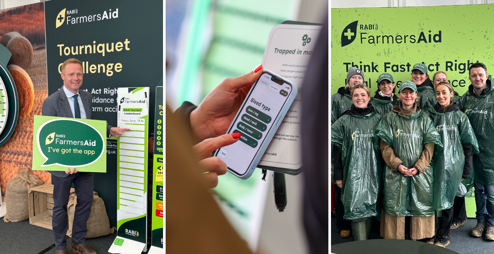 Highlights from the FarmersAid stand at Cereals 2026, including the tourniquet challenge, app demonstrations and the RABI team