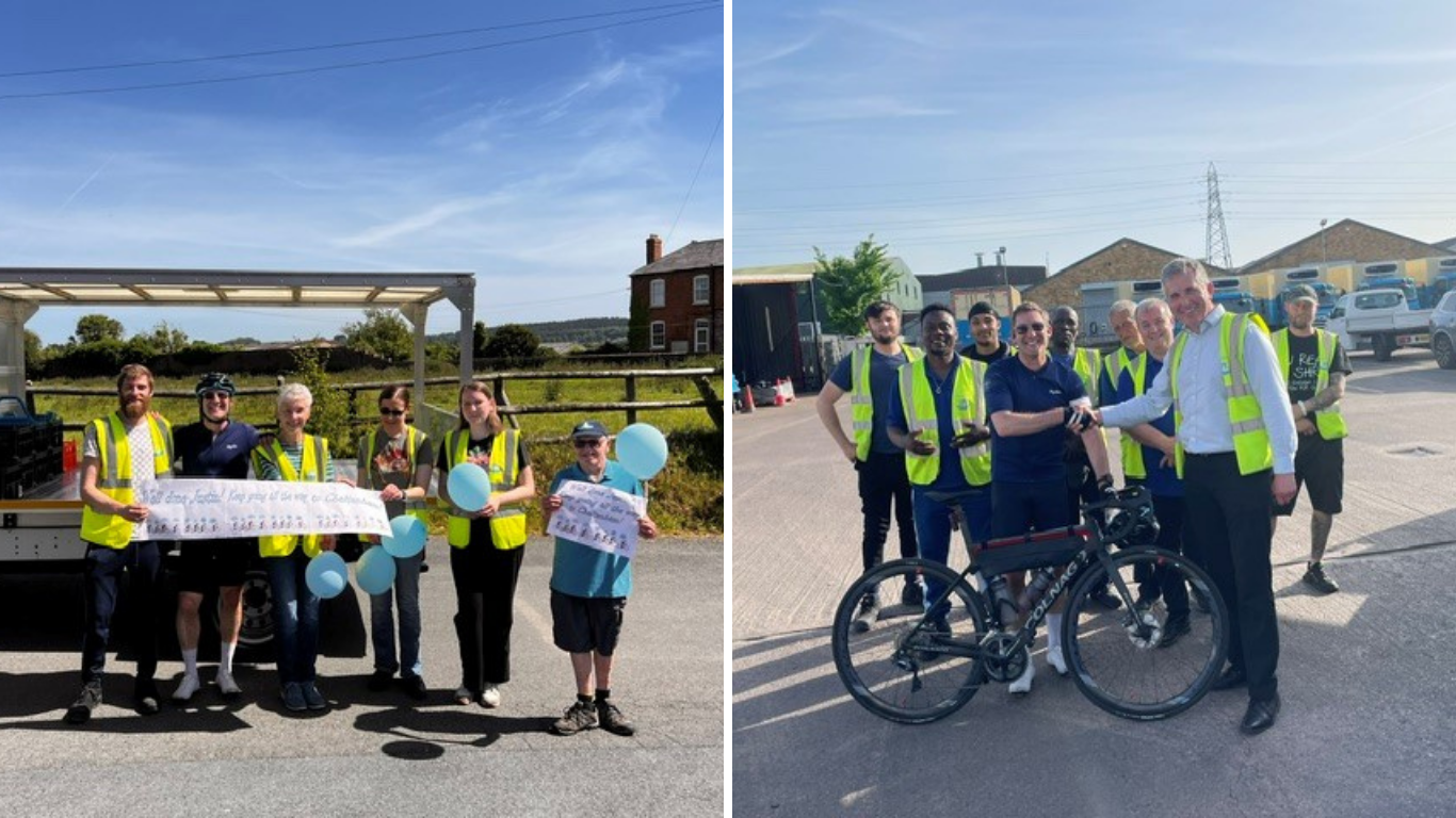 Left: Supporters from the Cotteswold Dairy Hereford Depot with Justin, Right: Justin at the finish in Cheltenham.