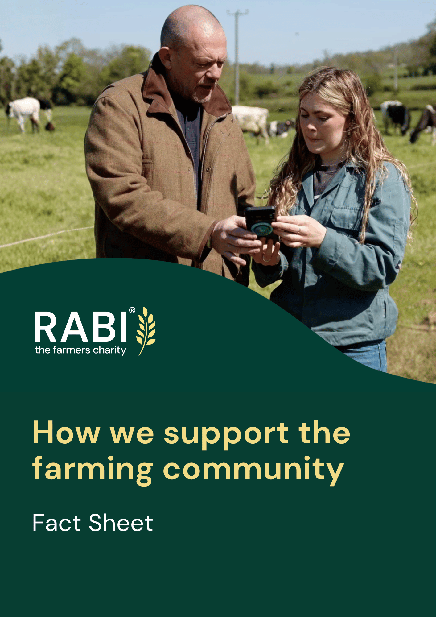 how-we-support-the-farming-community-fact-sheet-2026 Cover of a RABI fact sheet titled “How we support the farming community”. The image shows two people standing in a field with grazing cattle in the background, looking at a mobile phone together. The RABI logo appears above the title, with the words “Fact Sheet” beneath.