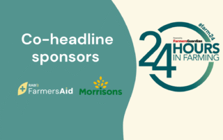 Graphic announcing FarmersAid and Morrisons as co-headline sponsors of Farmers Guardian’s 24 Hours in Farming campaign, featuring the #farm24 logo.
