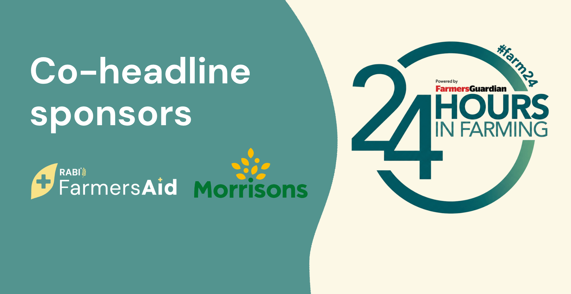 Graphic announcing FarmersAid and Morrisons as co-headline sponsors of Farmers Guardian's 24 Hours in Farming campaign, featuring the #farm24 logo.