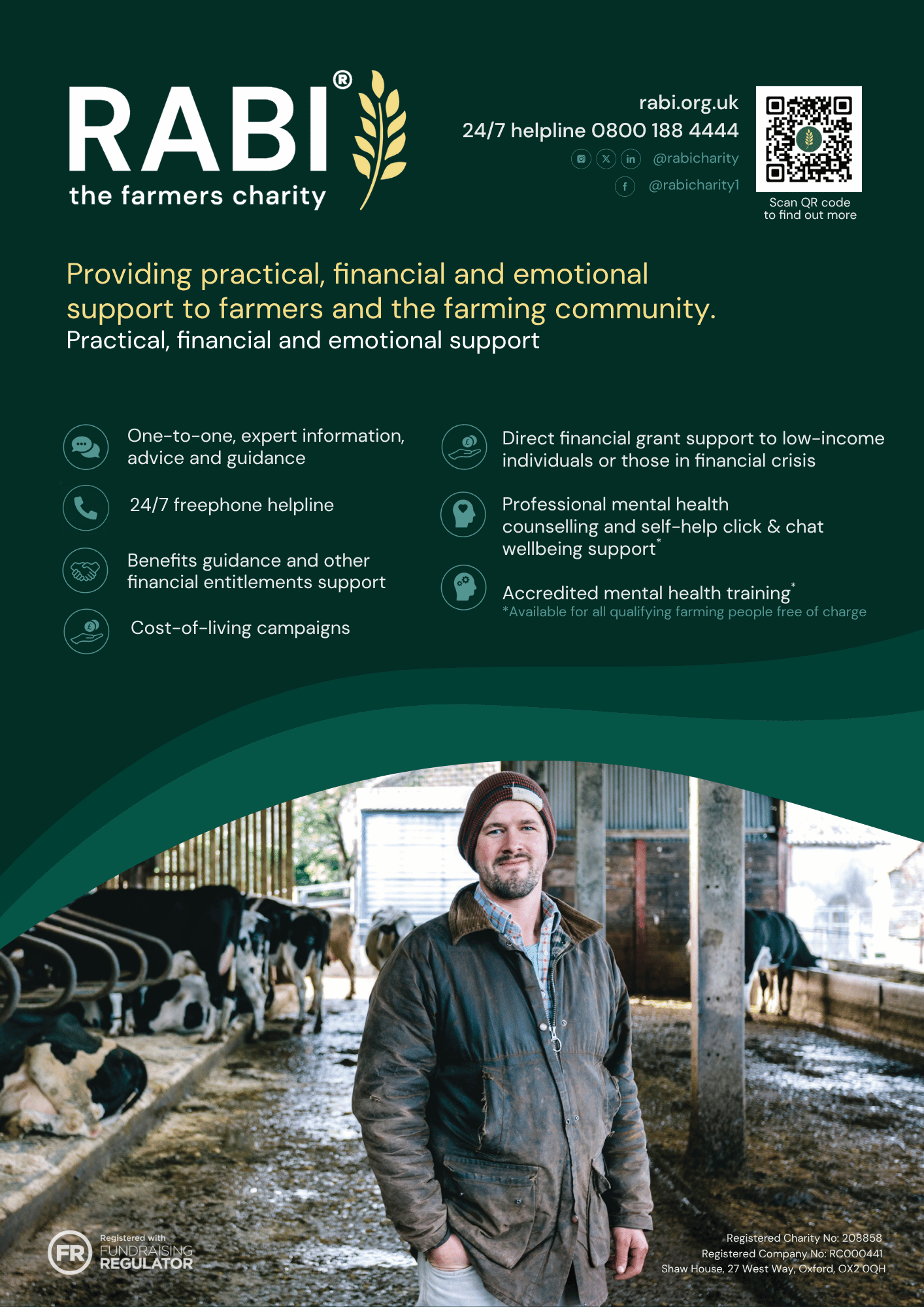 rabi-general-leaflet A RABI information leaflet featuring the RABI logo, website, helpline number, QR code and a summary of the charity's support services. The leaflet highlights practical, financial and emotional support available to farming people, including one-to-one advice, financial grants, benefits guidance, a 24/7 freephone helpline, professional mental health counselling, Click & Chat wellbeing support and accredited mental health training. The lower half shows a farmer standing in a dairy shed with cows in the background.