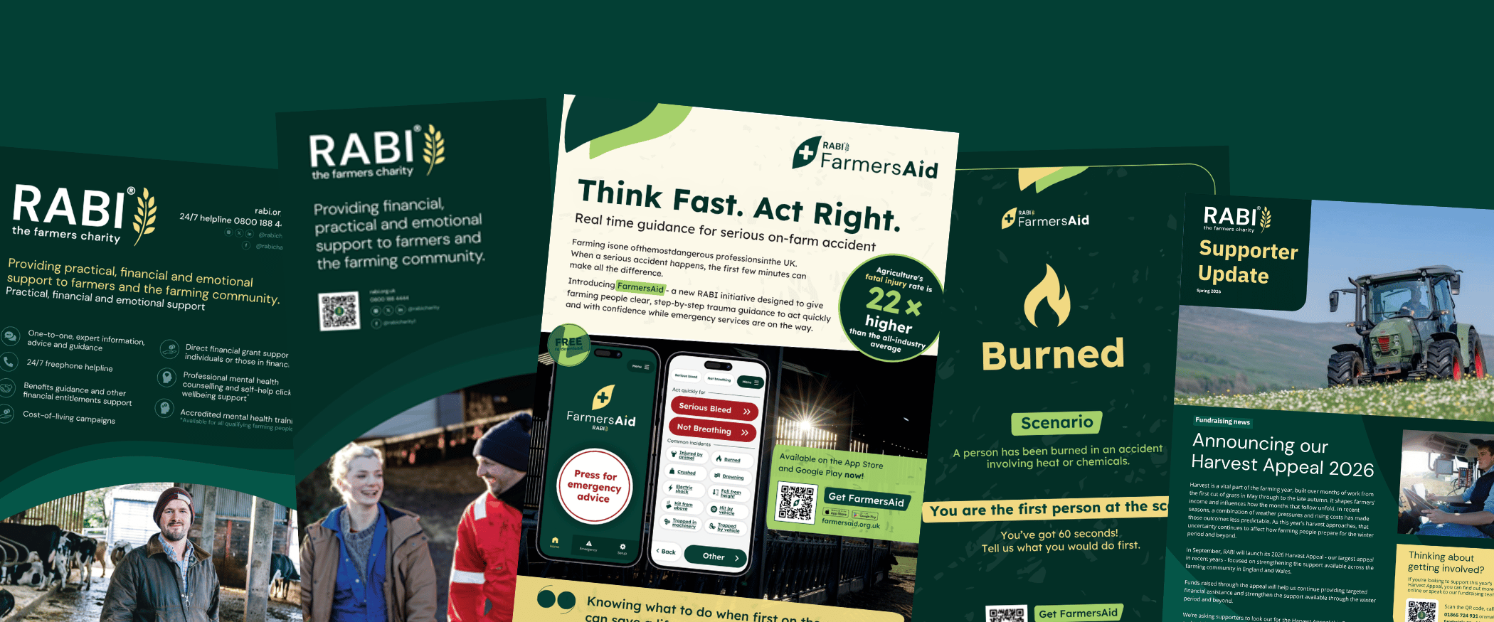 rabi-volunteering-committees-email-july-2026-resources Collage of RABI and FarmersAid materials, including information about RABI’s support services, FarmersAid app screens and emergency guidance, a “Burned” scenario activity, and the RABI Supporter Update.