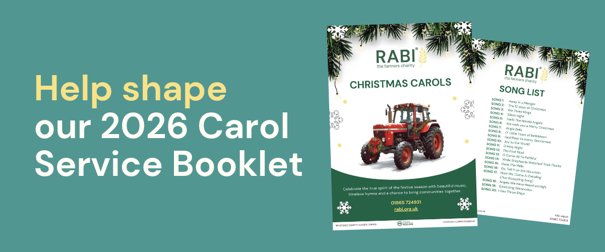 rabi-volunteering-christmas-carol-booklet Graphic asking volunteers to help shape RABI’s 2026 Carol Service Booklet, featuring the booklet cover and song list.
