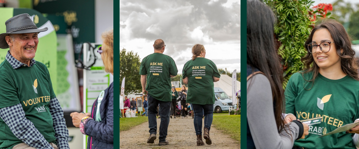rabi-volunteering-show-season Collage showing RABI volunteers engaging with people at agricultural events, including speaking with visitors, walking through a showground and sharing information about RABI’s support.