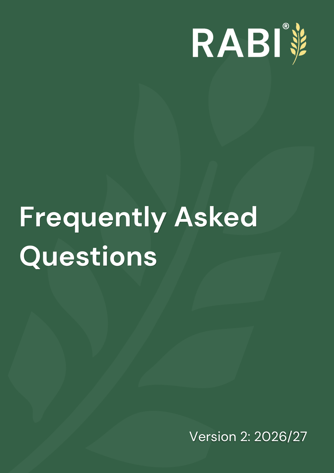 Cover of RABI’s Frequently Asked Questions treasurer guide, Version 2: 2026/27, featuring the RABI logo and wheat motif on a green background.