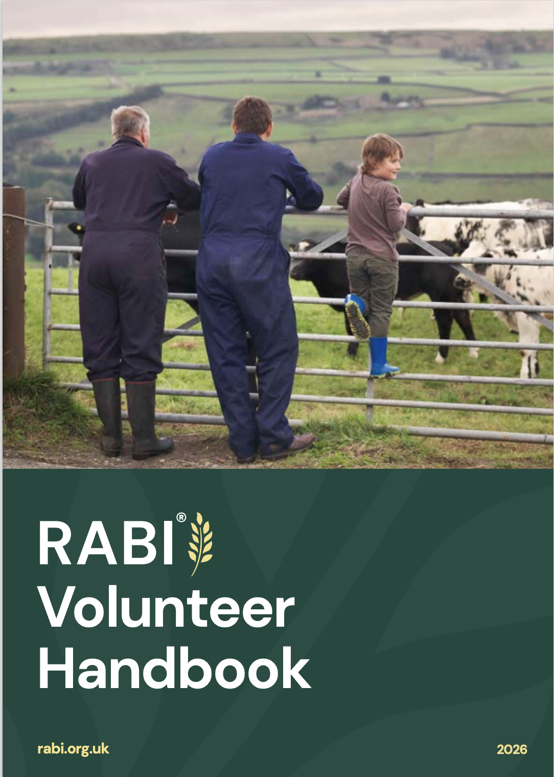 rabi-volunteer-handbook-cover Cover of the 2026 RABI Volunteer Handbook, featuring three generations of a farming family beside cattle in a field, with RABI branding on a dark green background.