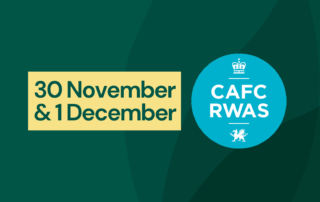 Graphic promoting volunteer opportunities at the Welsh Winter Fair on 30 November and 1 December, featuring the Royal Welsh Agricultural Society logo.