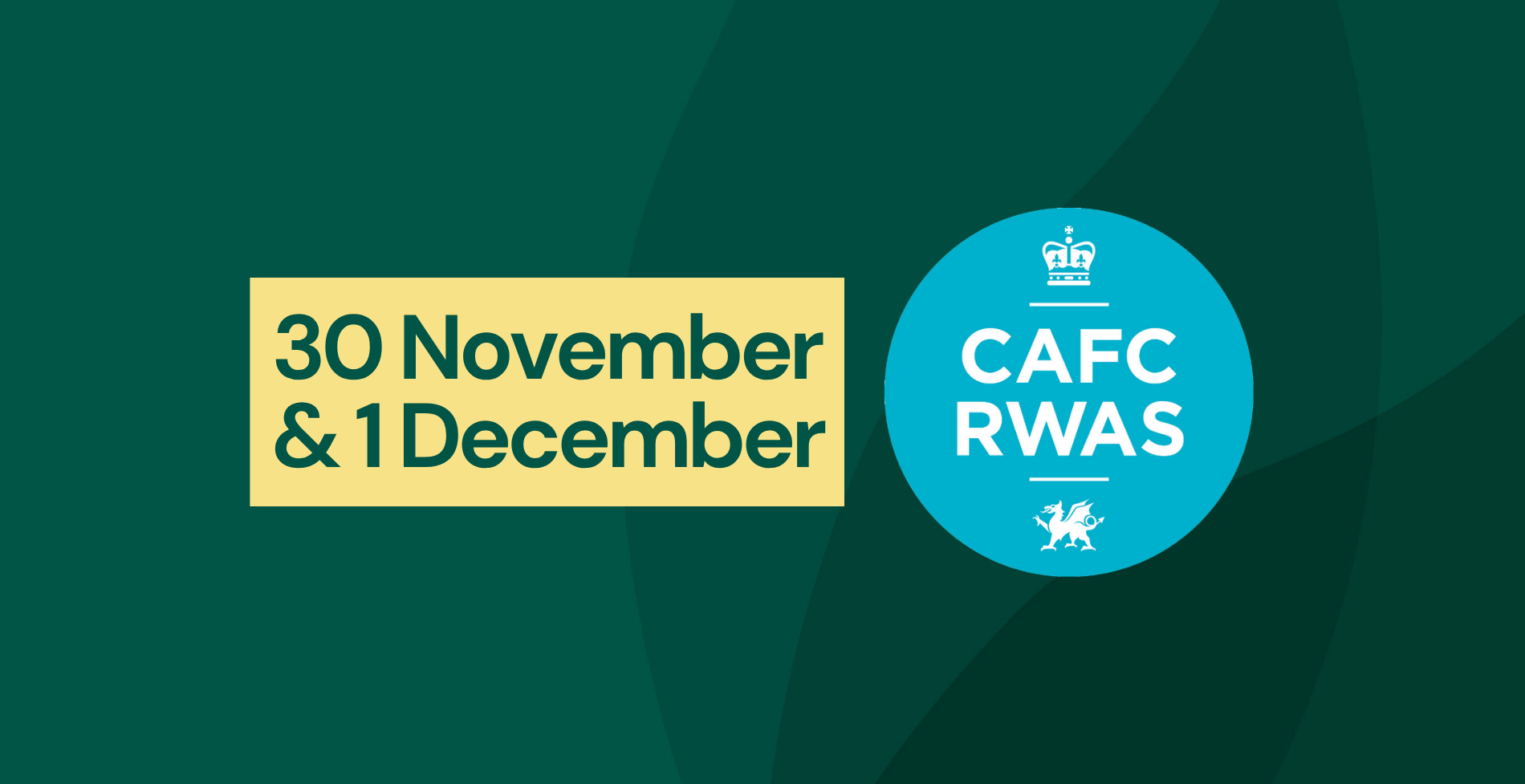 Graphic promoting volunteer opportunities at the Welsh Winter Fair on 30 November and 1 December, featuring the Royal Welsh Agricultural Society logo.
